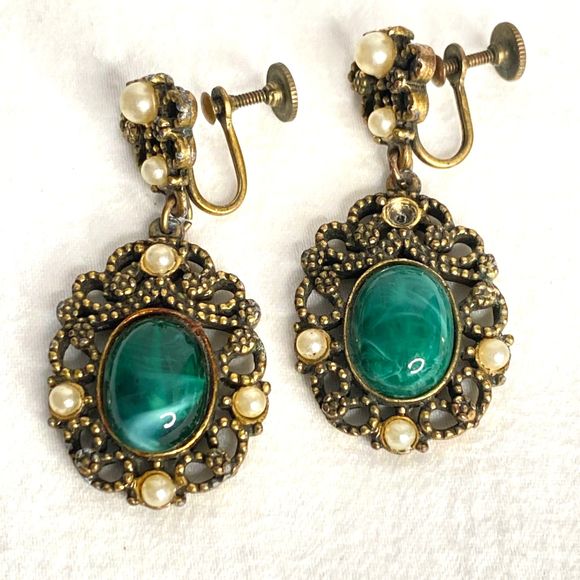 Ornate Dangle Drop Bronze Filagree Tiny Pearly Beads Central Green Stone - Picture 1 of 9